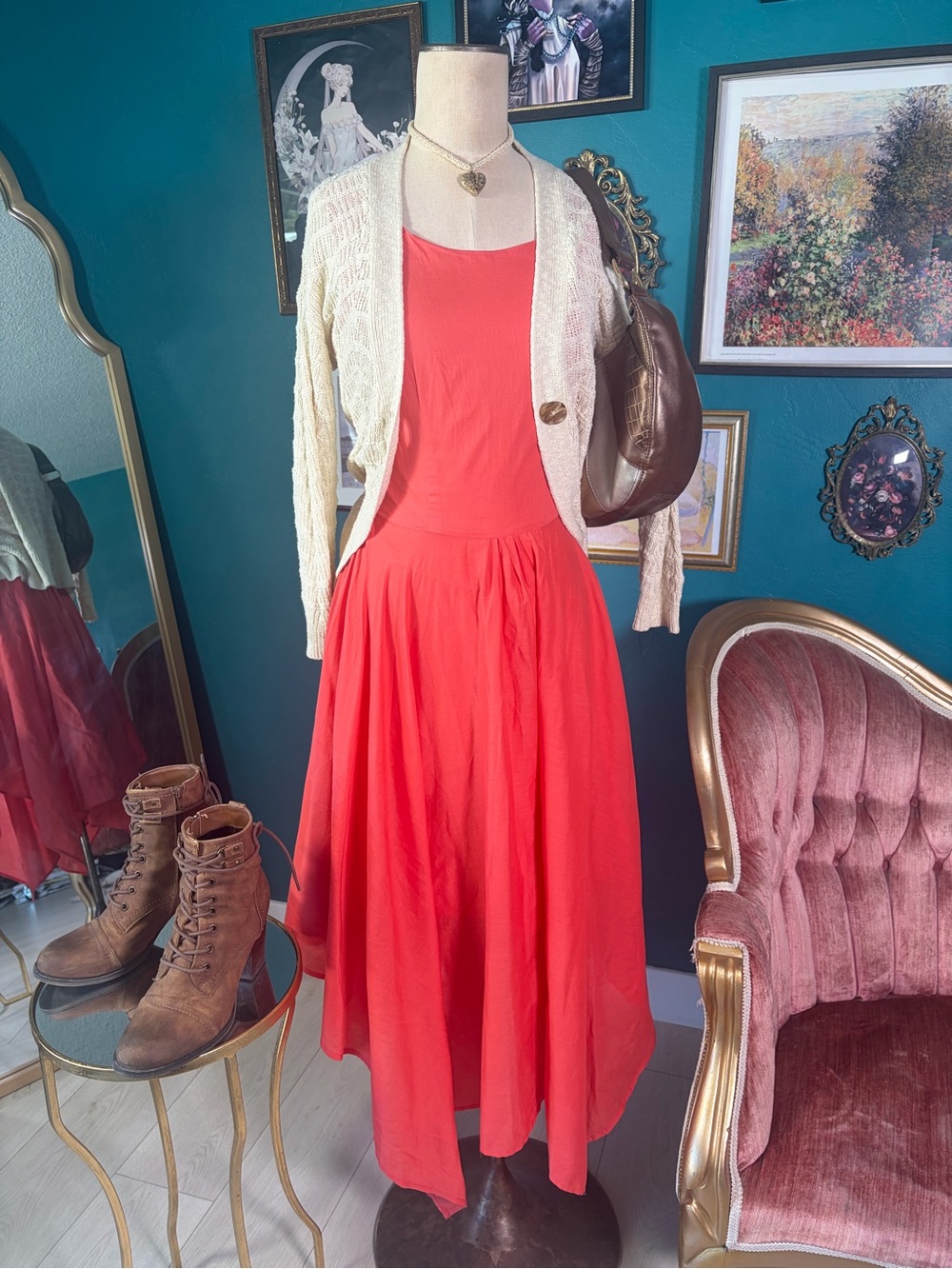 Studio West Coral Red 100% Cotton Handkerchief Hem Midi Dress M